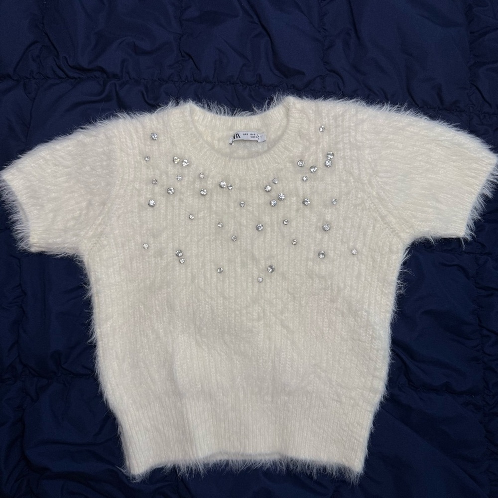 Zara White Fuzzy Sweater with Sparkling Details